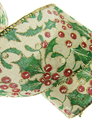 Wired Christmas Ribbon Holly & Berries 38mm/63mm - 2 Meter Length 46085 - ThreadandTrimmings