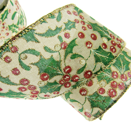 Wired Christmas Ribbon Holly & Berries 38mm/63mm - 2 Meter Length 46085