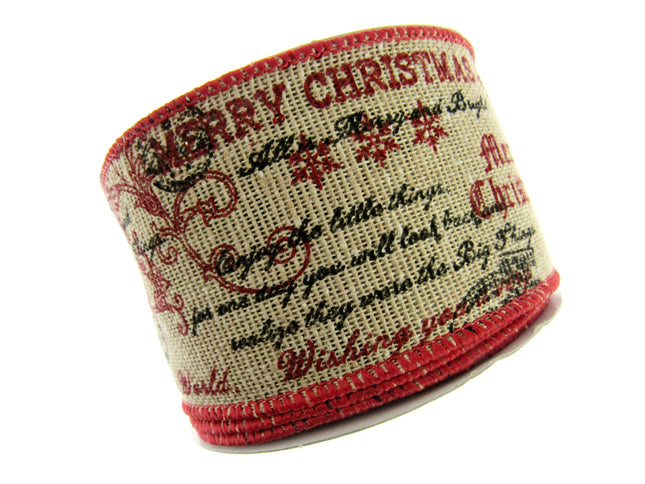 Wired Burlap Merry Christmas Ribbon Have a Holy & Jolly Christmas 25mm/38mm/63mm - ThreadandTrimmings