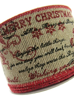 Wired Burlap Merry Christmas Ribbon Have a Holy & Jolly Christmas 25mm/38mm/63mm - ThreadandTrimmings