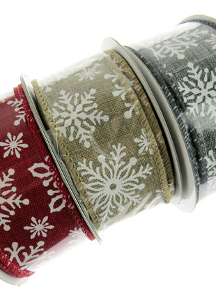 Wired Edge Natural Feel Christmas Ribbon - 38mm Wide - Printed Snowflakes 46071 - ThreadandTrimmings