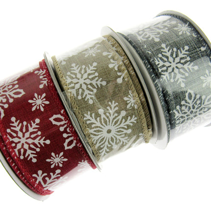 Wired Edge Natural Feel Christmas Ribbon - 38mm Wide - Printed Snowflakes 46071 - ThreadandTrimmings