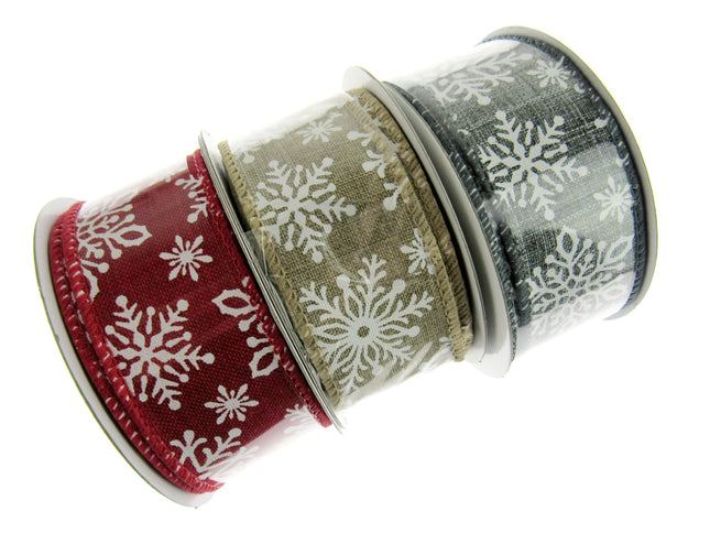 Wired Edge Natural Feel Christmas Ribbon - 38mm Wide - Printed Snowflakes 46071 - ThreadandTrimmings