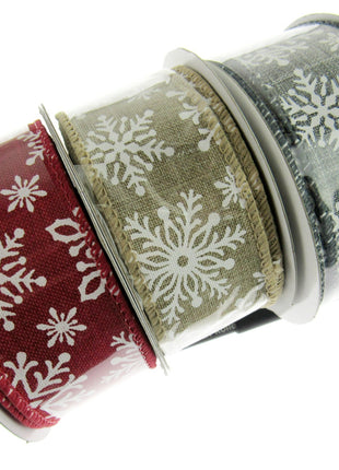 Wired Edge Natural Feel Christmas Ribbon - 38mm Wide - Printed Snowflakes 46071 - ThreadandTrimmings