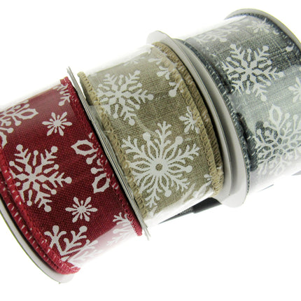Wired Edge Natural Feel Christmas Ribbon - 38mm Wide - Printed Snowflakes 46071 - ThreadandTrimmings