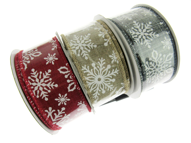 Wired Edge Natural Feel Christmas Ribbon - 38mm Wide - Printed Snowflakes 46071 - ThreadandTrimmings