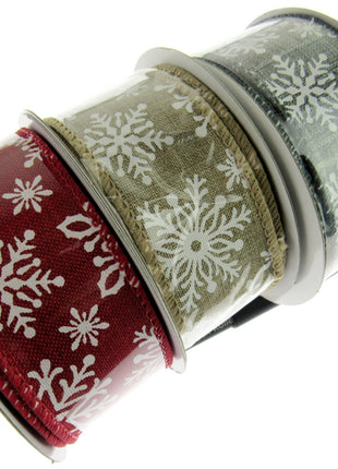 Wired Edge Natural Feel Christmas Ribbon - 38mm Wide - Printed Snowflakes 46071 - ThreadandTrimmings