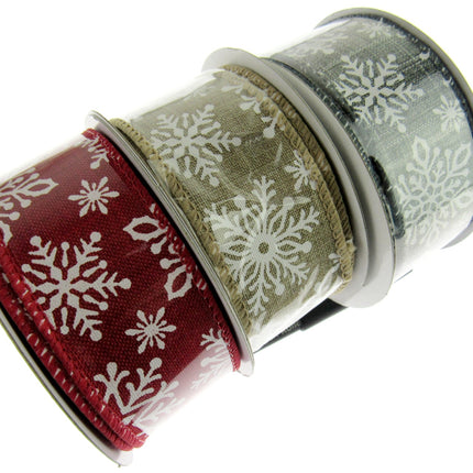 Wired Edge Natural Feel Christmas Ribbon - 38mm Wide - Printed Snowflakes 46071 - ThreadandTrimmings