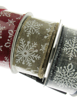 Wired Edge Natural Feel Christmas Ribbon - 38mm Wide - Printed Snowflakes 46071 - ThreadandTrimmings