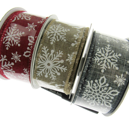 Wired Edge Natural Feel Christmas Ribbon - 38mm Wide - Printed Snowflakes 46071 - ThreadandTrimmings