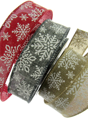 Wired Edge Natural Feel Christmas Ribbon - 38mm Wide - Printed Snowflakes 46071 - ThreadandTrimmings