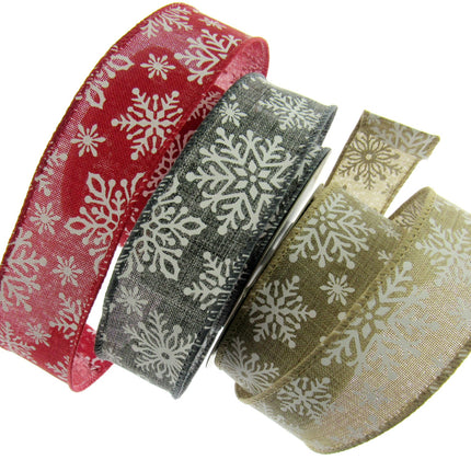 Wired Edge Natural Feel Christmas Ribbon - 38mm Wide - Printed Snowflakes 46071 - ThreadandTrimmings