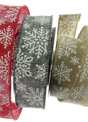 Wired Edge Natural Feel Christmas Ribbon - 38mm Wide - Printed Snowflakes 46071 - ThreadandTrimmings
