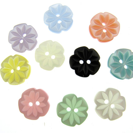 An assortment of round daisy flower cut polyester buttons in various colors including black, blue, brown, gray, orange, pink, purple, and yellow.