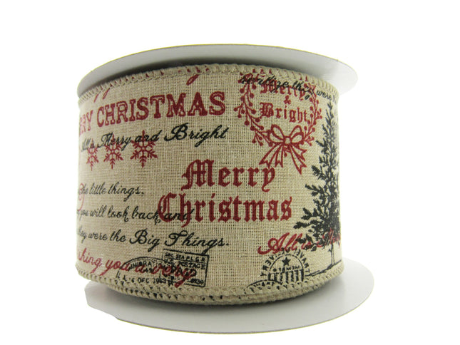 Wired Burlap Merry Christmas Ribbon 25mm / 38mm / 63mm - 2m lengths - 46037