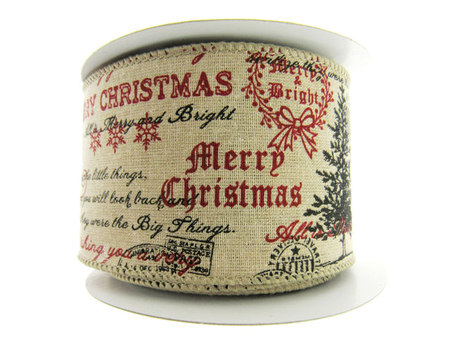 Wired Burlap Merry Christmas Ribbon 25mm / 38mm / 63mm - 2m lengths - 46037