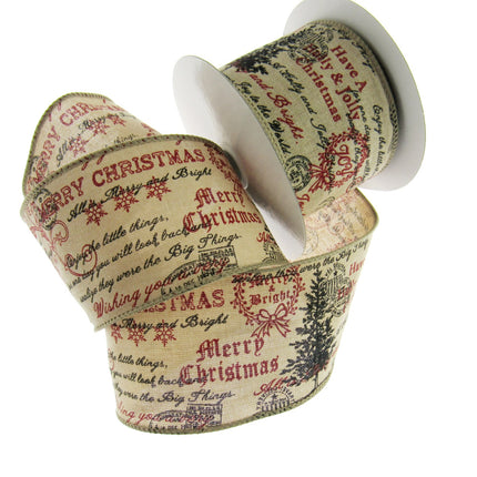 Wired Burlap Merry Christmas Ribbon 25mm / 38mm / 63mm - 2m lengths - 46037