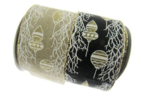 Wired Edge Natural or Black Christmas Glitter Baubles & Snow Ribbon 63mm - 46083