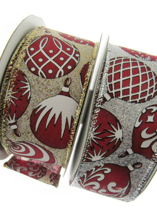 Wired Edge Red & White Christmas Baubles Ribbon on Silver or Gold 38mm - 46066