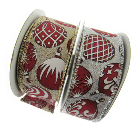 Wired Edge Red & White Christmas Baubles Ribbon on Silver or Gold 38mm - 46066