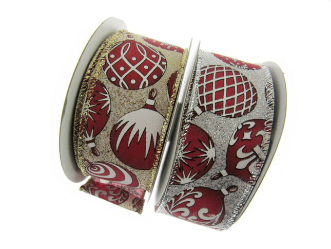 Wired Edge Red & White Christmas Baubles Ribbon on Silver or Gold 38mm - 46066