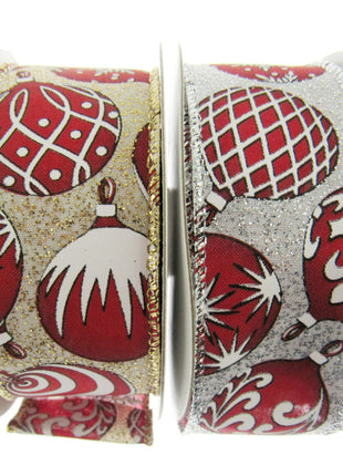 Wired Edge Red & White Christmas Baubles Ribbon on Silver or Gold 38mm - 46066
