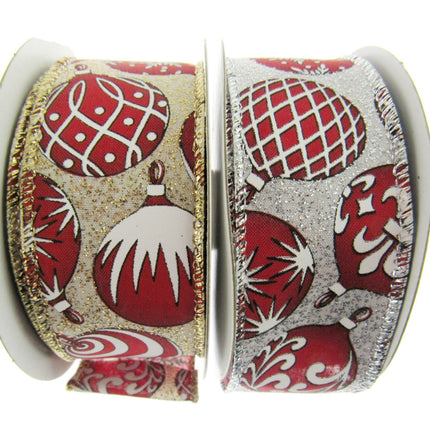 Wired Edge Red & White Christmas Baubles Ribbon on Silver or Gold 38mm - 46066