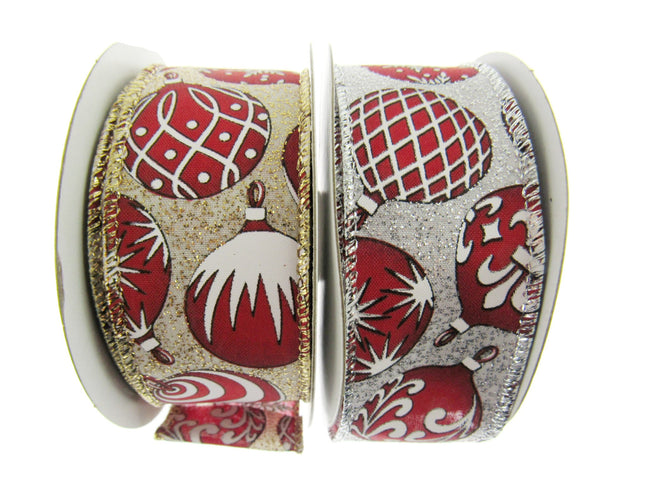 Wired Edge Red & White Christmas Baubles Ribbon on Silver or Gold 38mm - 46066