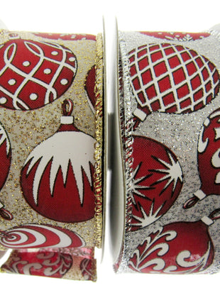 Wired Edge Red & White Christmas Baubles Ribbon on Silver or Gold 38mm - 46066