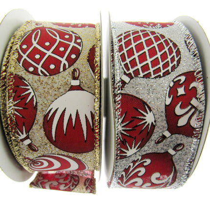 Wired Edge Red & White Christmas Baubles Ribbon on Silver or Gold 38mm - 46066