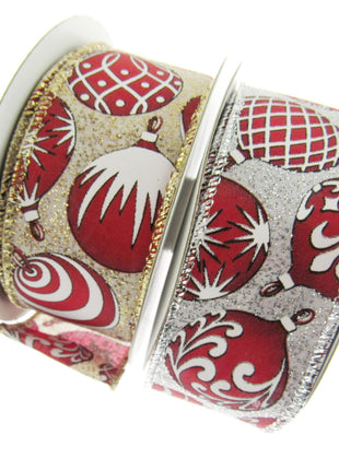 Wired Edge Red & White Christmas Baubles Ribbon on Silver or Gold 38mm - 46066