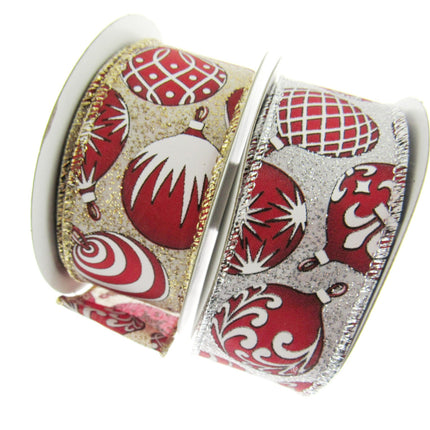 Wired Edge Red & White Christmas Baubles Ribbon on Silver or Gold 38mm - 46066