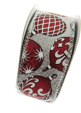 Wired Edge Red & White Christmas Baubles Ribbon on Silver or Gold 38mm - 46066