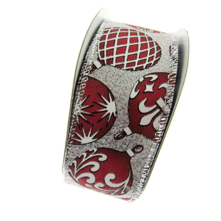 Wired Edge Red & White Christmas Baubles Ribbon on Silver or Gold 38mm - 46066