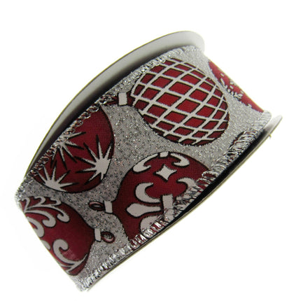 Wired Edge Red & White Christmas Baubles Ribbon on Silver or Gold 38mm - 46066