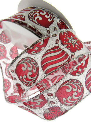 Wired Edge Red & White Christmas Baubles Ribbon on Silver or Gold 38mm - 46066