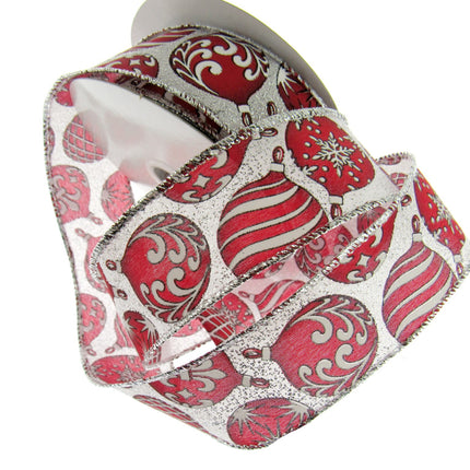 Wired Edge Red & White Christmas Baubles Ribbon on Silver or Gold 38mm - 46066