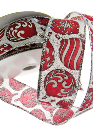 Wired Edge Red & White Christmas Baubles Ribbon on Silver or Gold 38mm - 46066