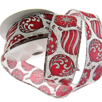 Wired Edge Red & White Christmas Baubles Ribbon on Silver or Gold 38mm - 46066