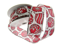 Wired Edge Red & White Christmas Baubles Ribbon on Silver or Gold 38mm - 46066