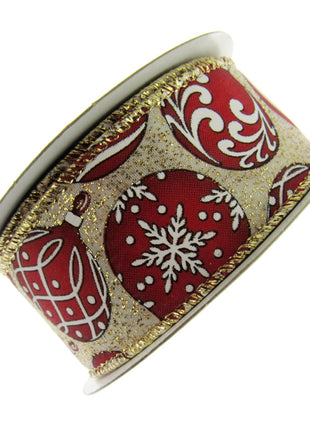 Wired Edge Red & White Christmas Baubles Ribbon on Silver or Gold 38mm - 46066