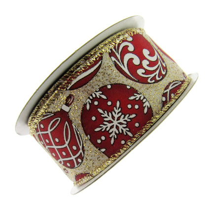 Wired Edge Red & White Christmas Baubles Ribbon on Silver or Gold 38mm - 46066