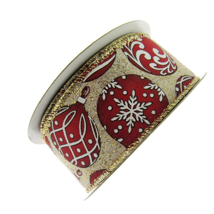 Wired Edge Red & White Christmas Baubles Ribbon on Silver or Gold 38mm - 46066