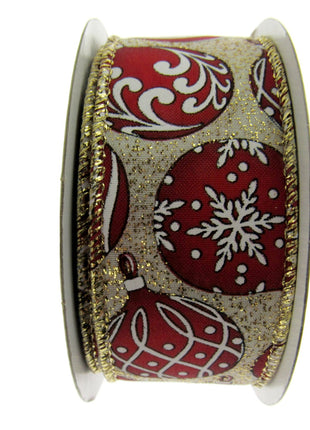 Wired Edge Red & White Christmas Baubles Ribbon on Silver or Gold 38mm - 46066