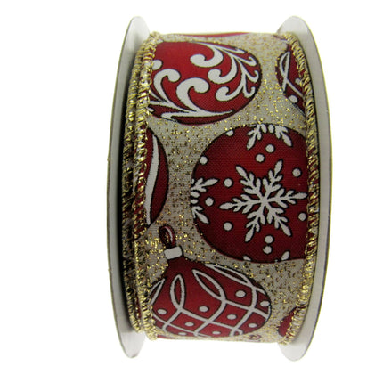 Wired Edge Red & White Christmas Baubles Ribbon on Silver or Gold 38mm - 46066