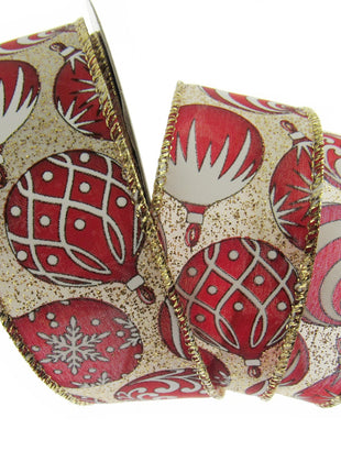 Wired Edge Red & White Christmas Baubles Ribbon on Silver or Gold 38mm - 46066