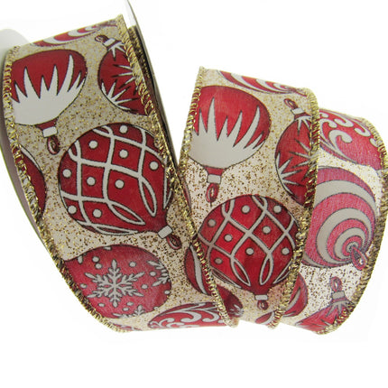 Wired Edge Red & White Christmas Baubles Ribbon on Silver or Gold 38mm - 46066