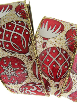 Wired Edge Red & White Christmas Baubles Ribbon on Silver or Gold 38mm - 46066