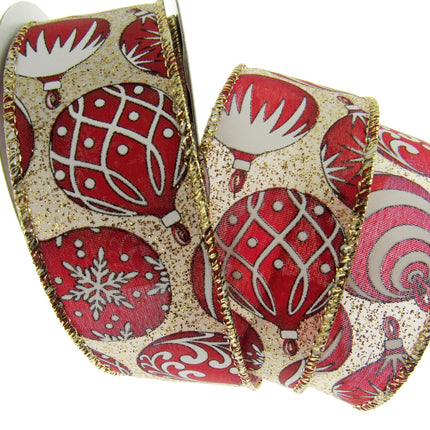 Wired Edge Red & White Christmas Baubles Ribbon on Silver or Gold 38mm - 46066