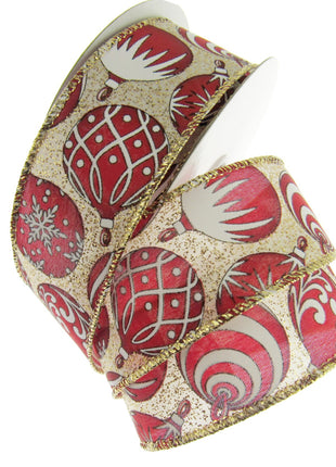 Wired Edge Red & White Christmas Baubles Ribbon on Silver or Gold 38mm - 46066